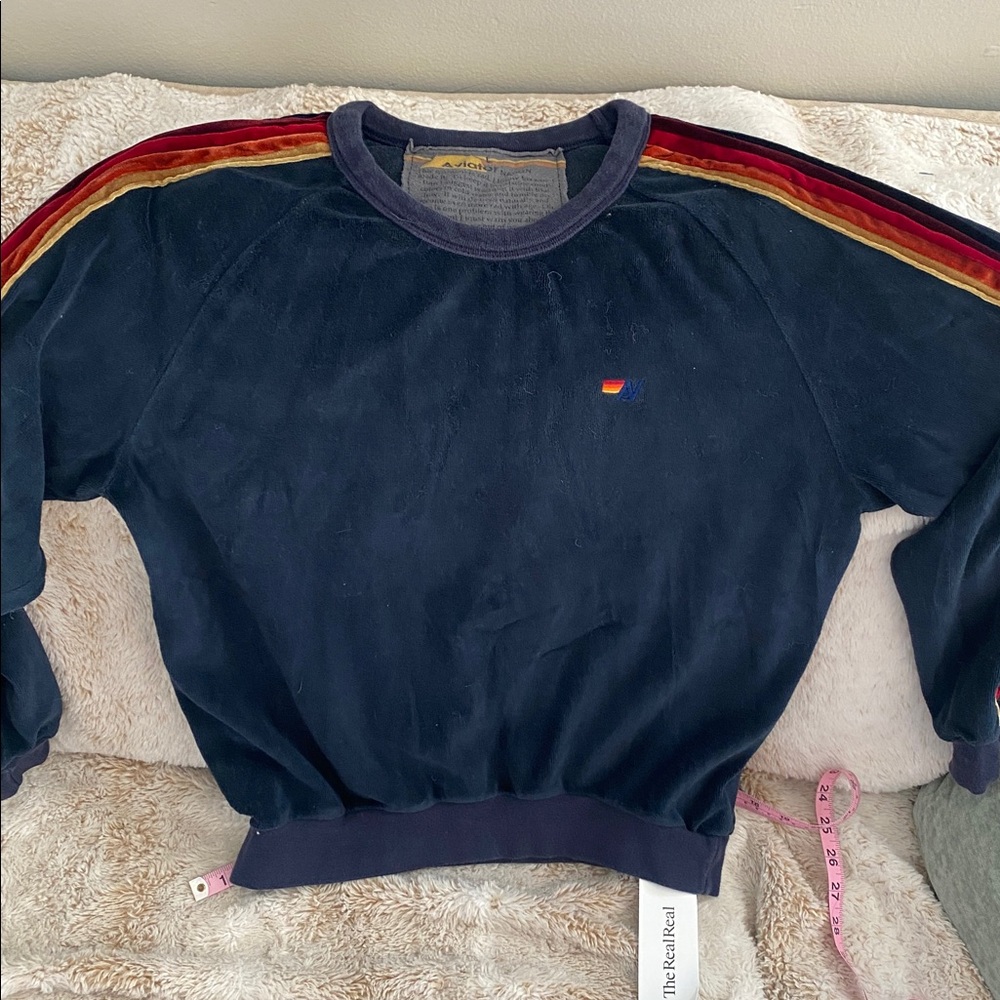 Aviator Nation Navy Blue Crewneck Sweatshirt with Velvet Stripes
